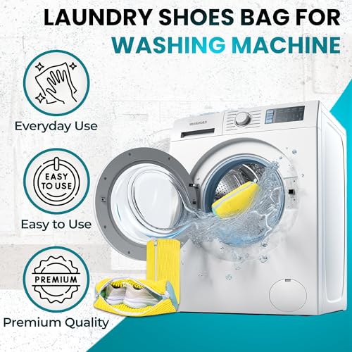Shoe Washing Machine Bag 2 Pack – 360° Self-Locking Zipper Shoe Washing Bag for Washer and Dryer – Reusable Heavy-Duty Microfiber Cleaning Set for Sneakers, Boots & Athletic Footwear (Yellow)