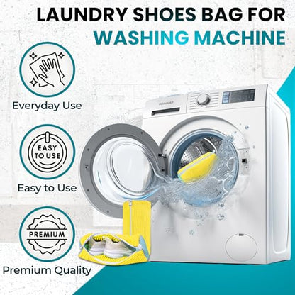 Shoe Washing Machine Bag 2 Pack – 360° Self-Locking Zipper Shoe Washing Bag for Washer and Dryer – Reusable Heavy-Duty Microfiber Cleaning Set for Sneakers, Boots & Athletic Footwear (Yellow)