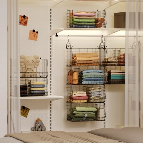 Jautokerdar 4 Tier Hanging Closet Organizer with Dividers,Extra Large Storage Hanging Shelf with 5 S Hooks 4 Dividers,Hang on Wire Closet Shelving Clothes Organizer-Black - color: Black, size: 4-Tier
