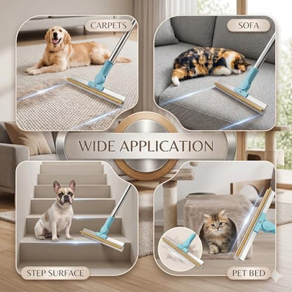 Pet Carpet Rake Hair Remover, Y-Type Reusable Hair Remover for Mats, Rugs, and Sofas; Cat & Dog Hair Removal Tool with 54 Inch Adjustable Long Handle - （Blue）
