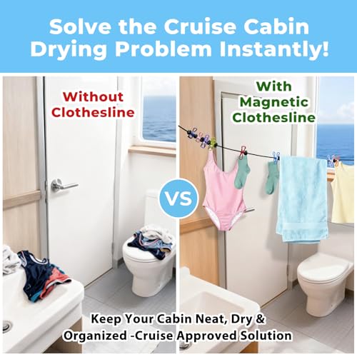 Magnetic Travel Clothesline - Cruise Ship Essentials & Must Haves 2026 - Stretches to 12ft Retractable Laundry Drying Line with Non-Scratch Magnetic Hooks, Positioning Beads & 12 Anti-Slip Clips
