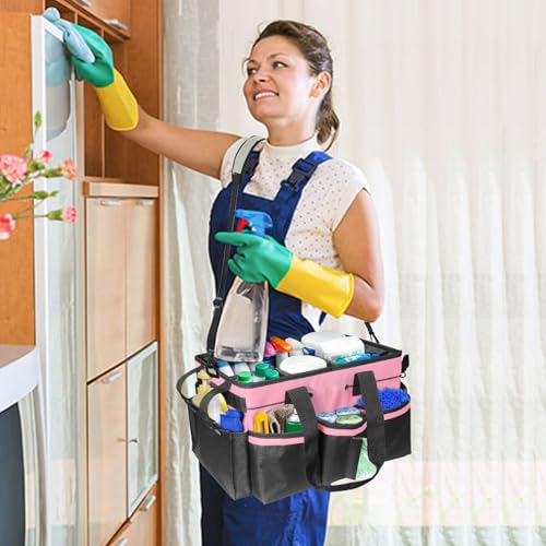Cleaning Bags for Housekeepers, Large Cleaning Supplies Organizer with Handles & Shoulder Strap, Cleaning Caddy Bag with Foldable Divider for Cleaners, Car Horse Cleaning Bag(Pink) - color: Pink