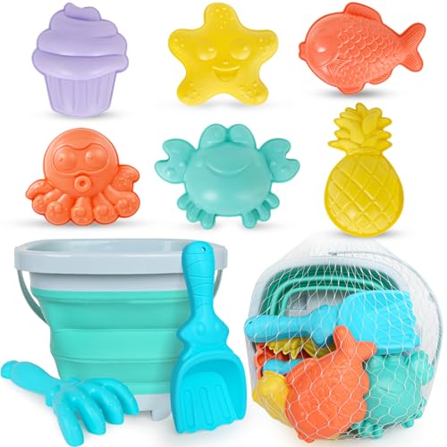 Kids Beach Toys with Collapsible Bucket, Sand Molds, Sand Rake and Shovel - color: Single Multi