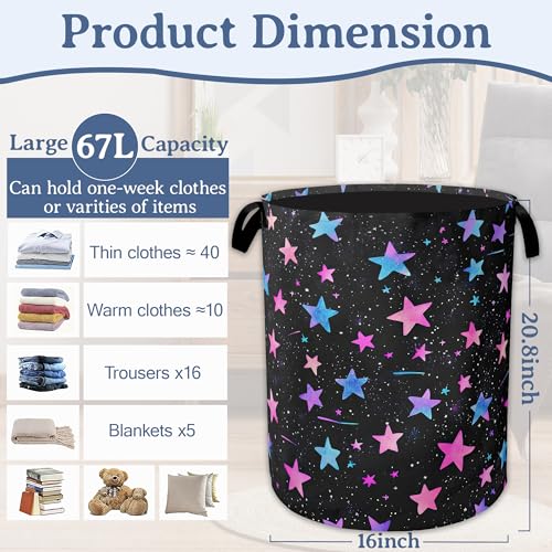 Blue Pink Stars Laundry Basket,Oxford Cloth Laundry Hamper With Handle Foldable Portable Clothes Storage Basket for Laundry Room/Bedroom/Bathroom 20.8"x16" - color: Blue Pink Stars