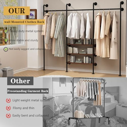 HOMEKAYT Industrial Pipe Clothes Rack,Wall Mounted Clothing Rack with Shelves, Heavy Duty Multi-Purpose Storage Clothes Hanging Shelf - 94.5''L Black - color: black, size: 94.5''L-A