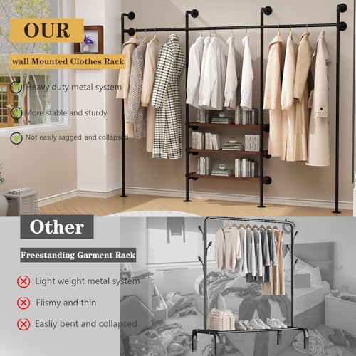 HOMEKAYT Industrial Pipe Clothes Rack,Wall Mounted Clothing Rack with Shelves, Heavy Duty Multi-Purpose Storage Clothes Hanging Shelf - 94.5''L Black - color: black, size: 94.5''L-A