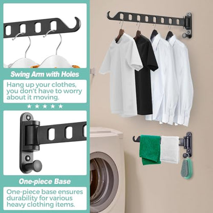 Wall Mounted Clothes Hanger with Swing Arm - 8-Hole Laundry Drying Rack | 180° Rotation & Space Saving for Laundry Room, Closet | Sturdy Hanging Bar | Solid Aluminium(2-Pack, Black) - color: Black (8-hole, 14.2")