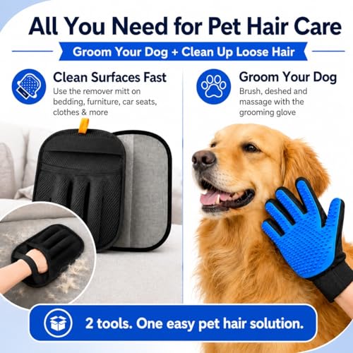 NVNAN 3 PCS Pet Hair Removal Glove and Pet Hair Remover - color: Big Fabric Pet Hair Gloves+Pet Grooming Brush