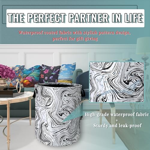 Marble Texture Laundry Basket Oxford Cloth Foldable Hamper 18.9x16.5 Inch - color: Black and White Marble Texture