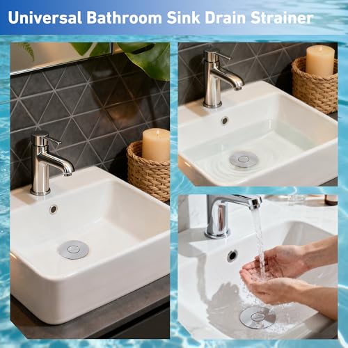 [2 Pack] Universal 3 in 1 Bathroom Sink Stopper, All Metal Pop-Up Bathroom Sink Drain Strainer with Removable Brass Basket Hair Catcher, Sink Plug for 1.1 to 1.6in Drain Holes