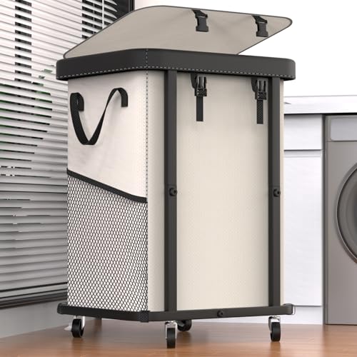 Laundry Basket with Wheels,150L Leather Patchwork Rolling Hamper Carts - color: Beige, size: 1 Section-150L