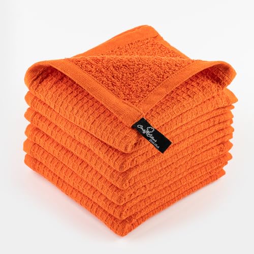 Dish Towels|Kitchen Dish Cloths Two-sided Waffle Terry|12x12 Inches 100% Cotton Dish Rags Washing Dishes|Super Absorbent Reusable Quick Drying Dish Towels|Spring Easter Basket Decor| 6-Pc Set-Orange - color: Orange