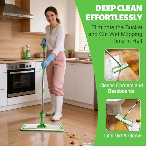 17.7" Microfiber Mop for Floor Cleaning, 360° Rotating Flat Mop with 4 Pads - color: Green