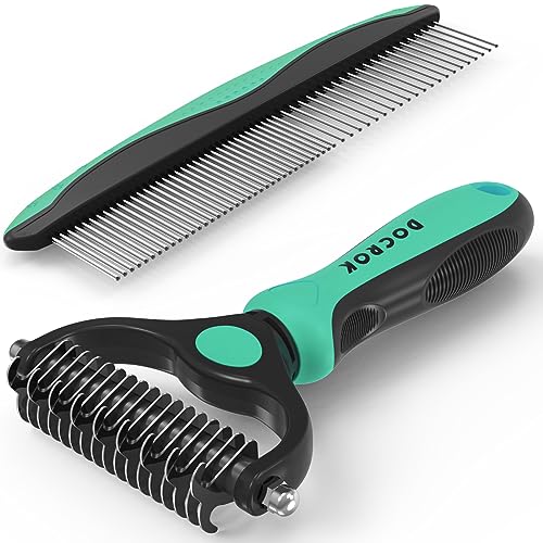 Docrok Pet Grooming Brush and Metal Comb Combo for Dogs & Cats, Green - color: Green