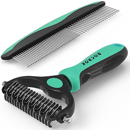Docrok Pet Grooming Brush and Metal Comb Combo for Dogs & Cats, Green - color: Green
