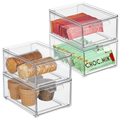 mDesign Stackable Storage Containers Box with Pull-Out Drawer - Stacking Plastic Drawers Bins for Kitchen Pantry and Cupboard, Cabinet, Counter, Island and Tables - Lumiere Collection - 4 Pack - Clear - size: 8 x 6 x 4 (Pack of 4)