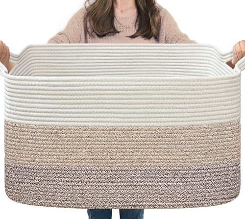 Goodpick Large Woven Rope Blanket Basket, Rectangle, Light Brown - color: Light Brown, size: Large(21.6"L x 14.9"W x 11.8"H)