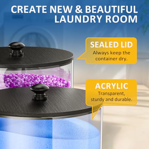 galasily 4 Pack Laundry Pods Container, Clear Laundry Room Organization Containers,Large Acrylic Detergent Powder Storage Containers Black Wooden Lids & Labels, Dryer Sheet Holder