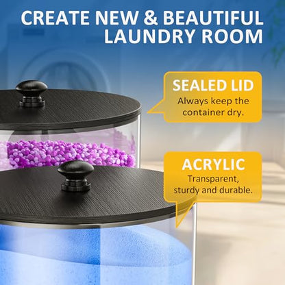 galasily 4 Pack Laundry Pods Container, Clear Laundry Room Organization Containers,Large Acrylic Detergent Powder Storage Containers Black Wooden Lids & Labels, Dryer Sheet Holder