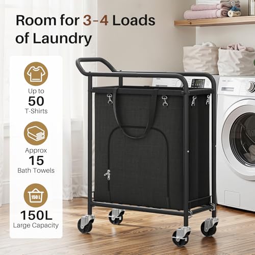 Laundry Basket with Wheels, Rolling Laundry Hamper with 38.4" Tall Handle for Less Bending, Bottom-Opening Design for Easy Unloading, Slim 150L Rolling Laundry Cart for Apartment, Dorm & Home - color: Black
