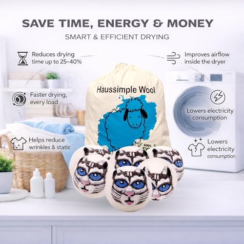 Wool Dryer Balls 6-Pack 100% Natural New Zealand Wool, Handmade in Nepal Reusable Laundry Balls, Faster Drying, Softer Clothes, Anti-Static, Dryer Sheets Alternative (Gray Cat) - color: Gray Cat
