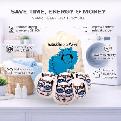 Wool Dryer Balls 6-Pack 100% Natural New Zealand Wool, Handmade in Nepal Reusable Laundry Balls, Faster Drying, Softer Clothes, Anti-Static, Dryer Sheets Alternative (Gray Cat) - color: Gray Cat