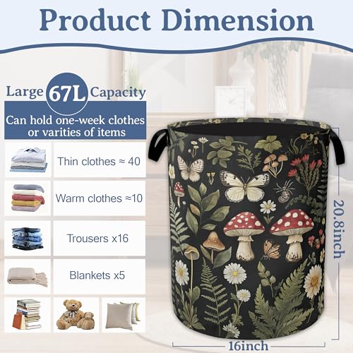 Red Mushroom Laundry Basket,Foldable Oxford Cloth Butterfly Plant Herb Laundry Hamper With Handle, 20.8"x16" Portable Clothes Storage Basket Bag for Laundry Room/Bathroom/Bedroom/Dormitories - color: Red Mushroom Butterfly Plant Herb