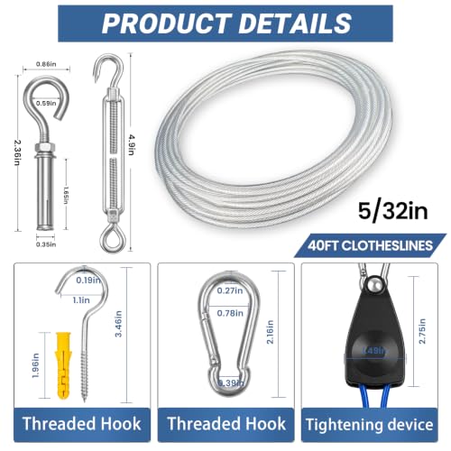 40FT Outdoor Clothesline Wire Rope System, Adjustable Steel Laundry Line with Pulley & Turnbuckle, Heavy Duty Clothes Line for Camping, Travel & Backyard Drying (Clear) - color: Clear, size: 40FT