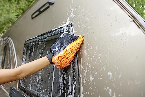 14 Foot Exterior House Cleaning Brush Set with 5-8 ft Extension Pole & Chenile Microfiber Wash Mitt // Vinyl Siding Brushes with Telescopic Pole & Window Squeegee Tool // Extension Scrub Brush Set