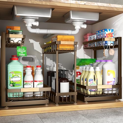 Sevenblue 3-Pack 2-Tier Height Adjustable Under Sink Organizer, Brown - color: Brown