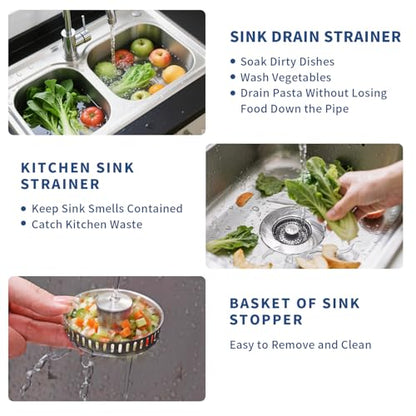3-in-1 Kitchen Sink Drain Strainer and All-Purpose Sponges, Sink Stopper Pop-Up Drain Plug with Anti-Clogging Food Catcher Basket, Odor Blocker, Fits US Standard 3-1/2 Inch Sinks,Dish Sponges Safe - color: Chorme+ 2kitchen Sponges