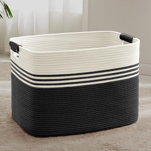 100L Large Woven Laundry Basket Hamper with Leather Handles,Black - color: Black, size: 100L