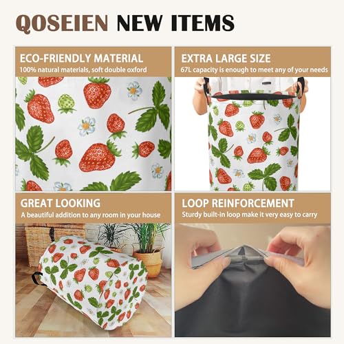 Strawberry Laundry Hamper,Collapsible Laundry Baskets,Flowers Leaf Dirty Clothes Baskets with Handles,Oxford Cloth Hamper for Bedroom,Bathroom,College Dorms, 16"x20" - color: Strawberry,Flowers Leaf