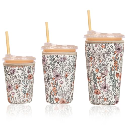 Reusable Insulated Neoprene Iced Coffee Cup Sleeve, Durable Drink Sleeve for Cold Beverages, Beverage Holder for Iced Coffee (Bloom Magic) - color: Bloom Magic