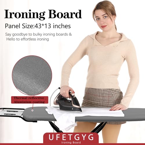 UFETGYG Ironing Board,13" X 43" W/with Iron Rest | Full Metal Construction| Height Adjustable | Heat & Scorch Resistant Fabric | Heavy Duty| Easy to Fold | Anti-Skid Feet |Grey - color: Gray