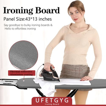 UFETGYG Ironing Board,13" X 43" W/with Iron Rest | Full Metal Construction| Height Adjustable | Heat & Scorch Resistant Fabric | Heavy Duty| Easy to Fold | Anti-Skid Feet |Grey - color: Gray