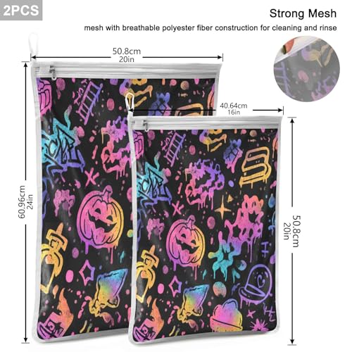 Mesh Laundry Bags Lingerie Bags for Washing Delicates 2 PCS Durable Wash Bag with Zipper Small and Medium Washable Black Punk Pumpkin Halloween - color: Black Punk Pumpkin Halloween