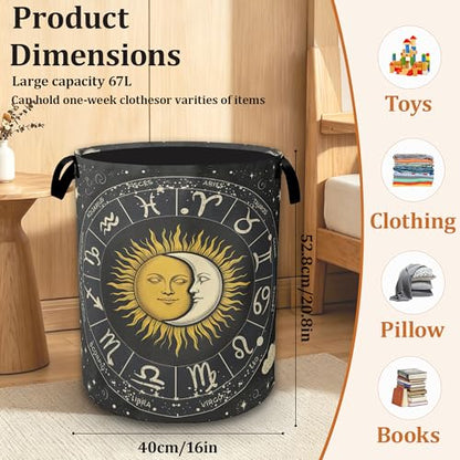 Sun Moon Zodiac Laundry Basket, Foldable Laundry Hamper with Handles, Large Capacity Waterproof Clothes Storage Basket for Bedroom Bathroom College Dorm - color: Sun Moon Zodiac