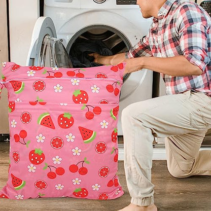 2pcs Travel Waterproof Laundry Bag, Cloth Diaper Wet Dry Bags with Handle & 2 Zipper Pockets, Reusable Washable Dirty Clothes Bag for Baby Adult Travelling Hanging, Bathing Beach Pool Daycare - color: Cartoon 2 Blue + Pink