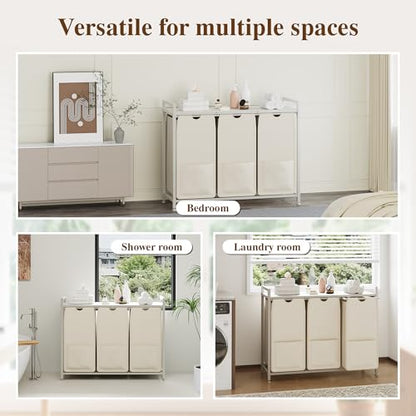 Laundry Sorter 36.6x13x28.5 in, White 3-Section Hamper - size: 3 Bags-145.5L / White + Beige