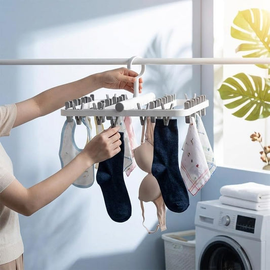 1 Space Saving Collapsible Drying Hanger 24 Clip Windproof Swivel Hook Multi Function Laundry Rack for Socks Underwear Towels Gray