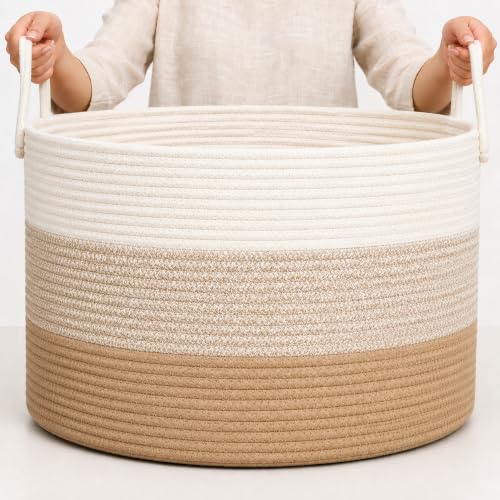 OrganiHaus Round Toy Basket & Blanket Basket, Cotton Rope 20x13" - color: 3-toned Honey, size: Wide