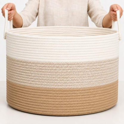 OrganiHaus Round Toy Basket & Blanket Basket, Cotton Rope 20x13" - color: 3-toned Honey, size: Wide