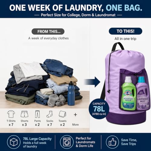 Backpack Laundry Bag, Durable polyster Laundry Backpack Bag with Shoulder Straps, Drawstring Closure & Mesh Pocket, Large Clothes Hamper for Dorm, Travel, Laundromat (Purple) - color: Purple