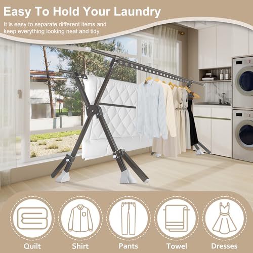 52-91 Inches Clothing Rack, Clothes Drying Rack Foldable, Length Adjustable, Laundry Clothes Drying Rack, Heavy Duty, Indoor Outdoor, with 42 Windproof Hooks, Easy Installed - color: Horseshoe Coat Rack