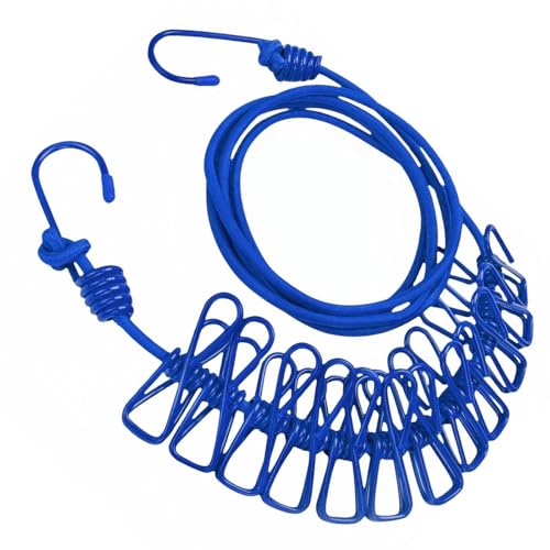 Portable Clothesline with 12 Clips, Stretch Travel Drying Rope with Stainless Steel Hooks for Camping Indoor Use.(Blue) - color: Blue