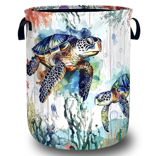 Ocean Sea Turtle Laundry Basket Oxford Cloth Foldable Hamper 18.9x16.5 Inch - color: Cute Blue Turtles Ocean Beach