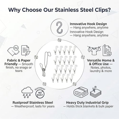 20 Pack Stainless Steel Clothes Pins with Hooks, 4.3 Inch, Heavy Duty Metal Clips for Hanging Notes, Photos, Laundry, Towels, Non-Slip Windproof