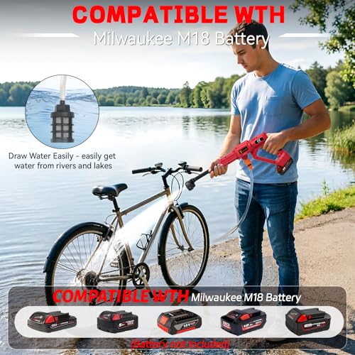 Cordless Cleaning Tool Compatible with Milwaukee M18 Battery, Portable Handheld Vehicle Cleaner with 6-in-1 Nozzle & 16.5FT Drain Hose for Car/Fence/Patio/Deck/Bike Cleaning(Battery Not Included) - color: Red