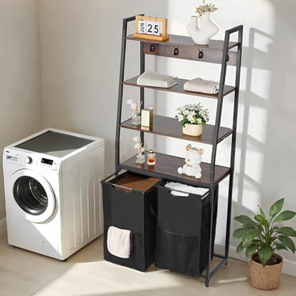 VEVOR 4 Tiers Laundry Sorter, Tall Laundry Hamper with Shelves and Hooks, 2 Section Freestanding Basket Organizer Storage with 600D Oxford Cloth Bags and Ladder Shelves for Dirty Clothes, Bathroom - style: 4 Tiers